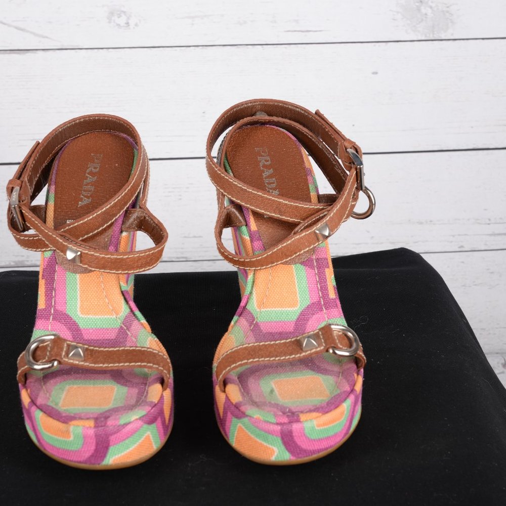Prada Canvas Wedge Sandals with Studded Straps - Picture 2 of 6